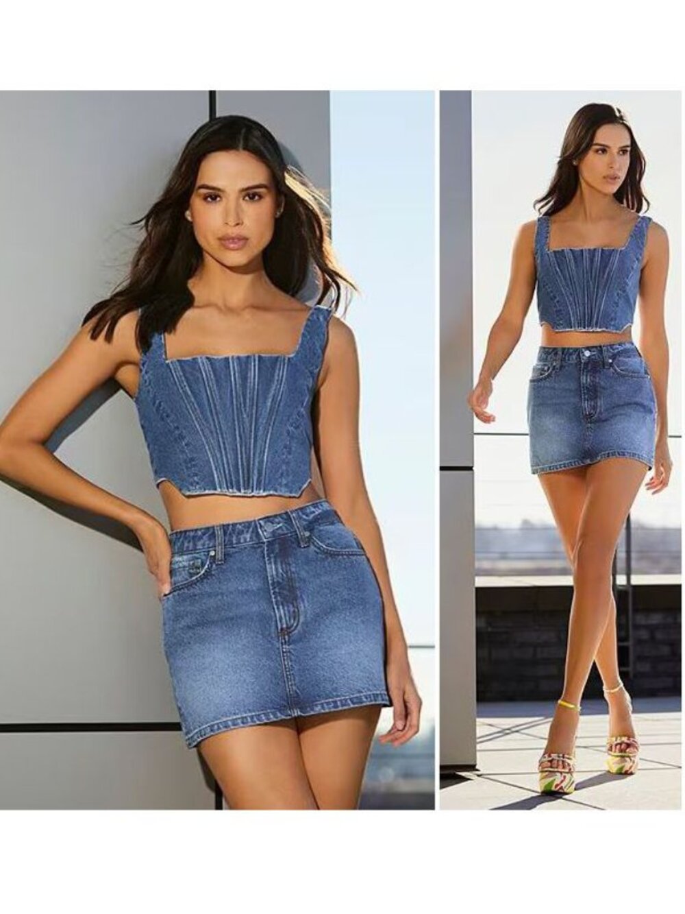 Gianni Bini Michelle Corset Crop Top Size 10 Blue Denim Jean Square Neck NEW